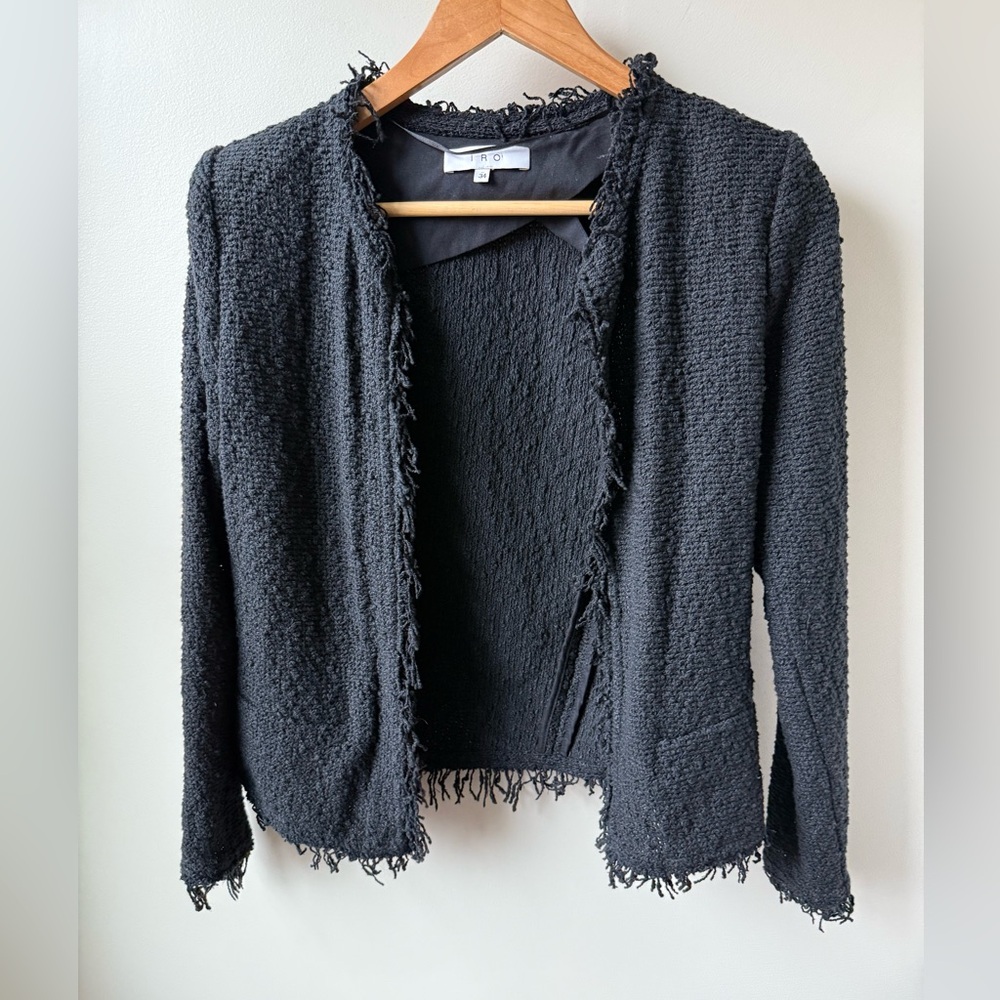 IRO Shavani Fringe Jacket Black Open Structured Boucle‎ Textured Designer 34